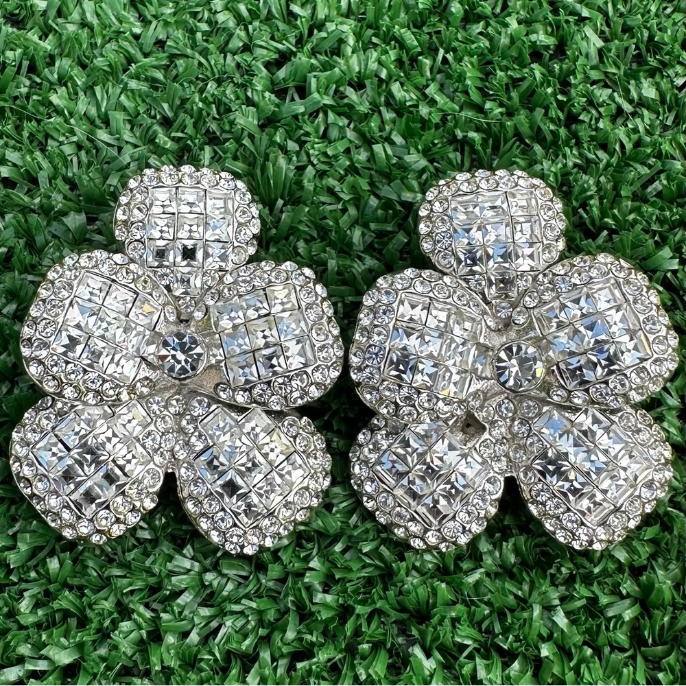 Vintage Jarin Brilliant Crystal Strass Flower Form Clip Women’s Silver Earrings